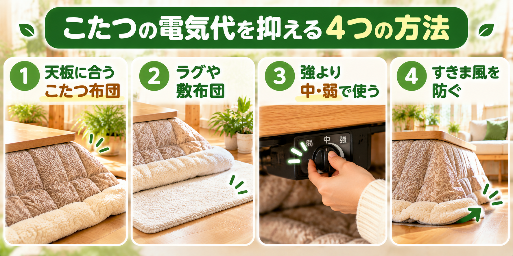 こたつの電気代を抑える使い方を示した図