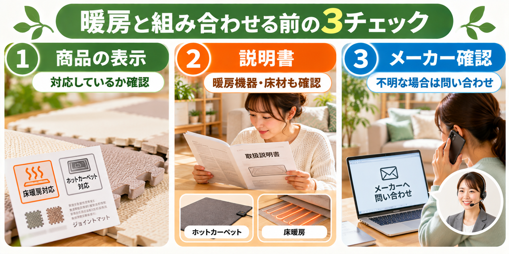 ホットカーペットや床暖房に敷く前の確かめ方を示した図