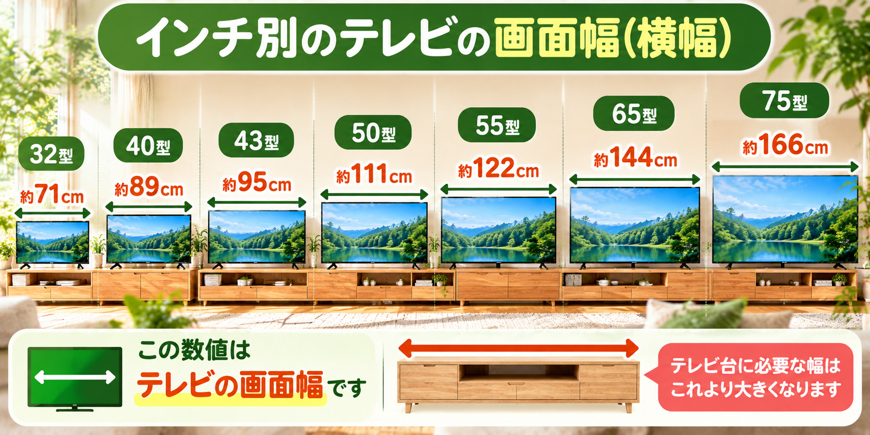 インチ別のテレビの画面幅を比べた図