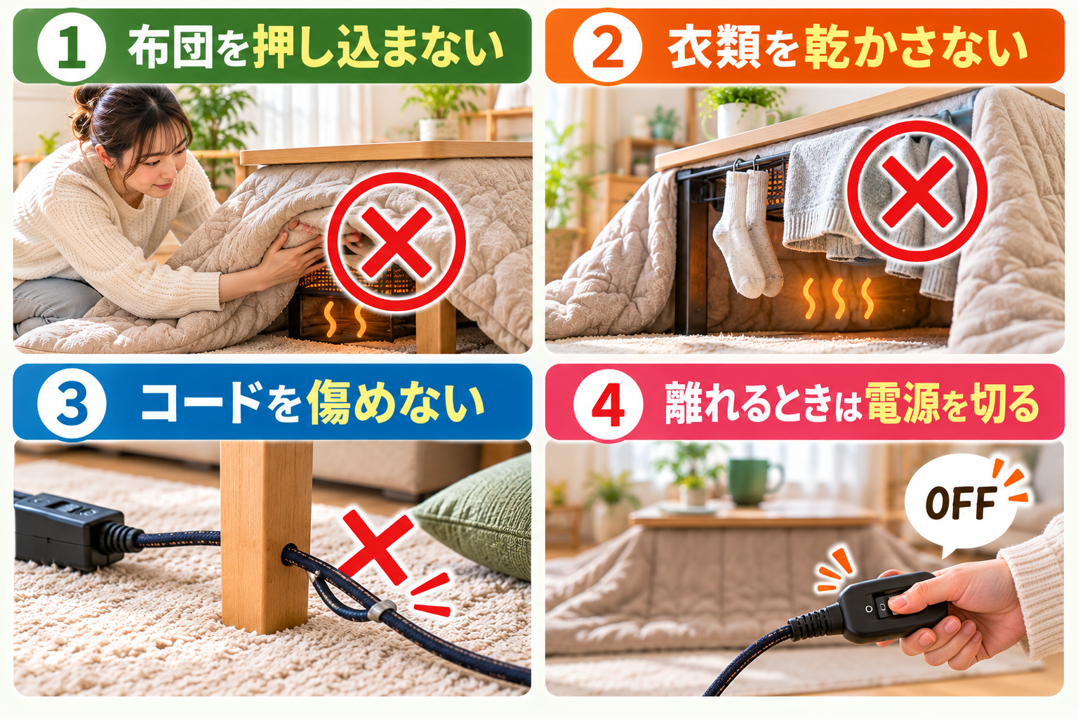 一人暮らしでこたつを安全に使うための4つの注意を示した図