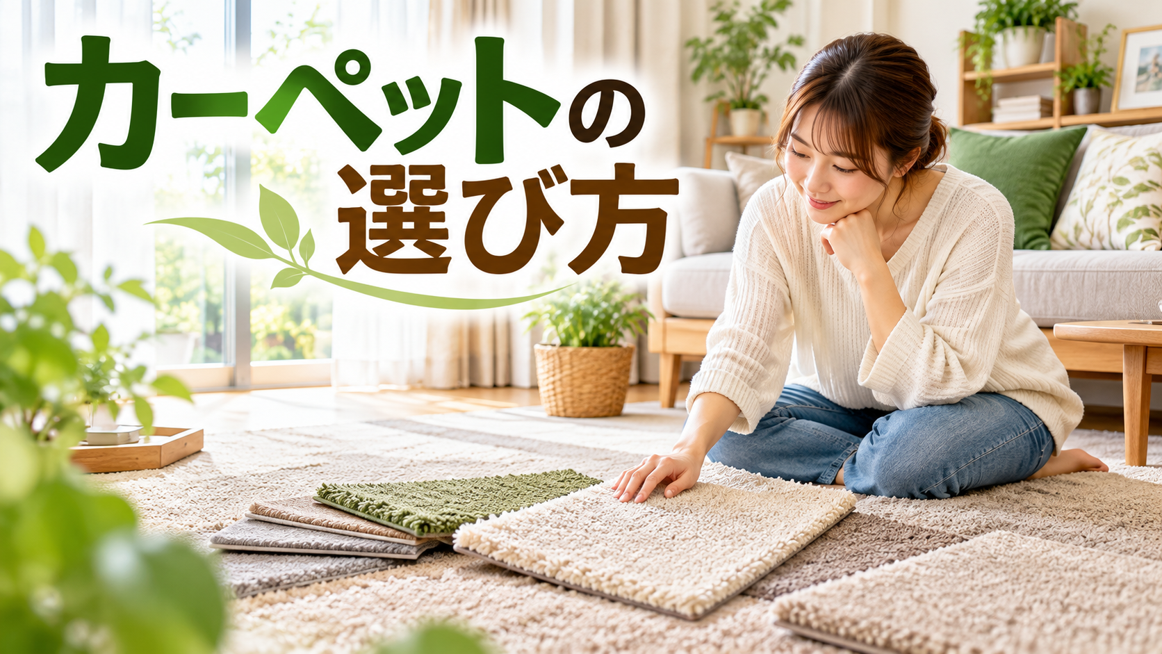 カーペットの選び方を考える女性と、明るいリビングに敷かれたカーペットから作って