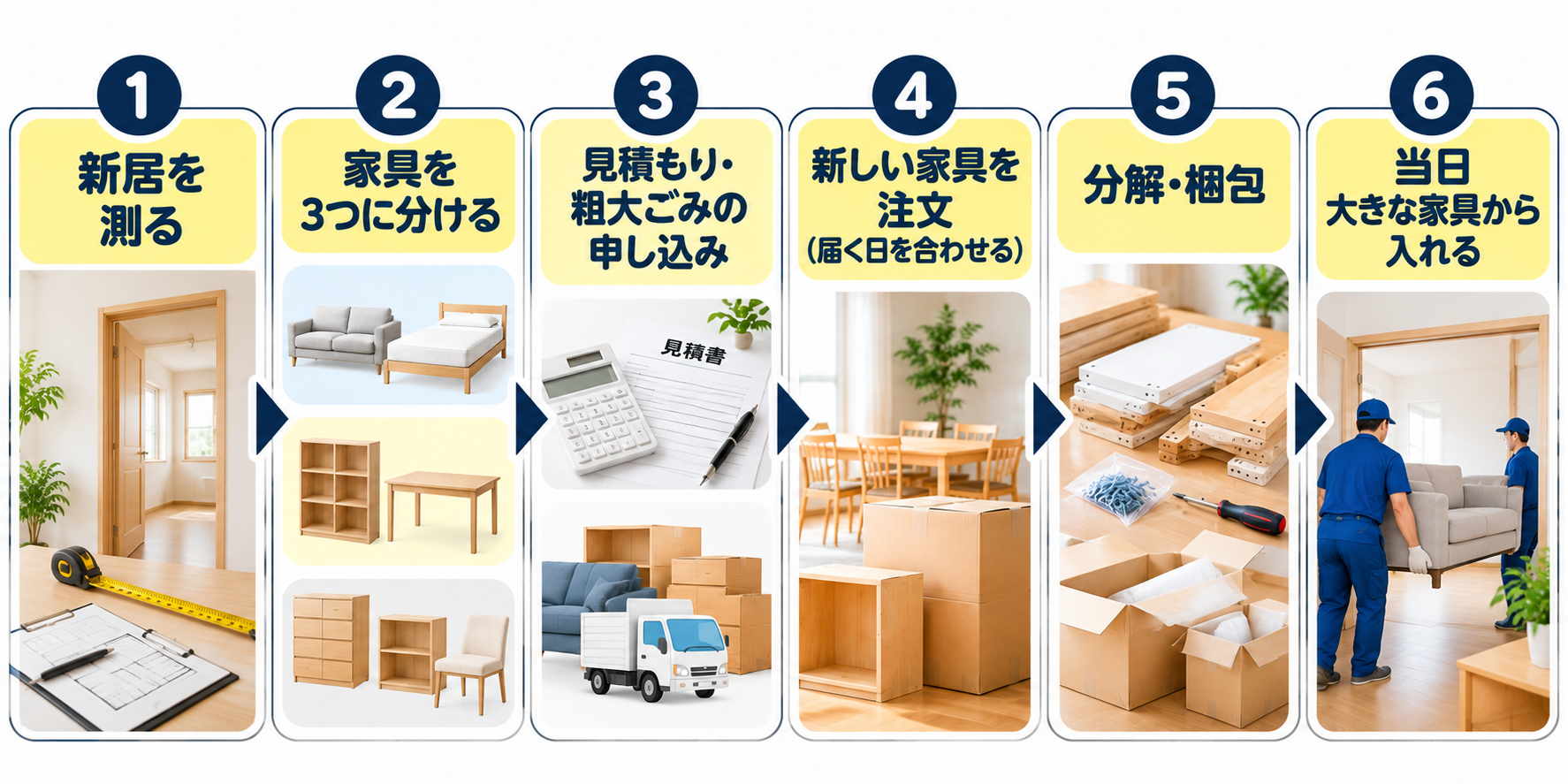 引っ越しの家具の段取りを順に並べた図