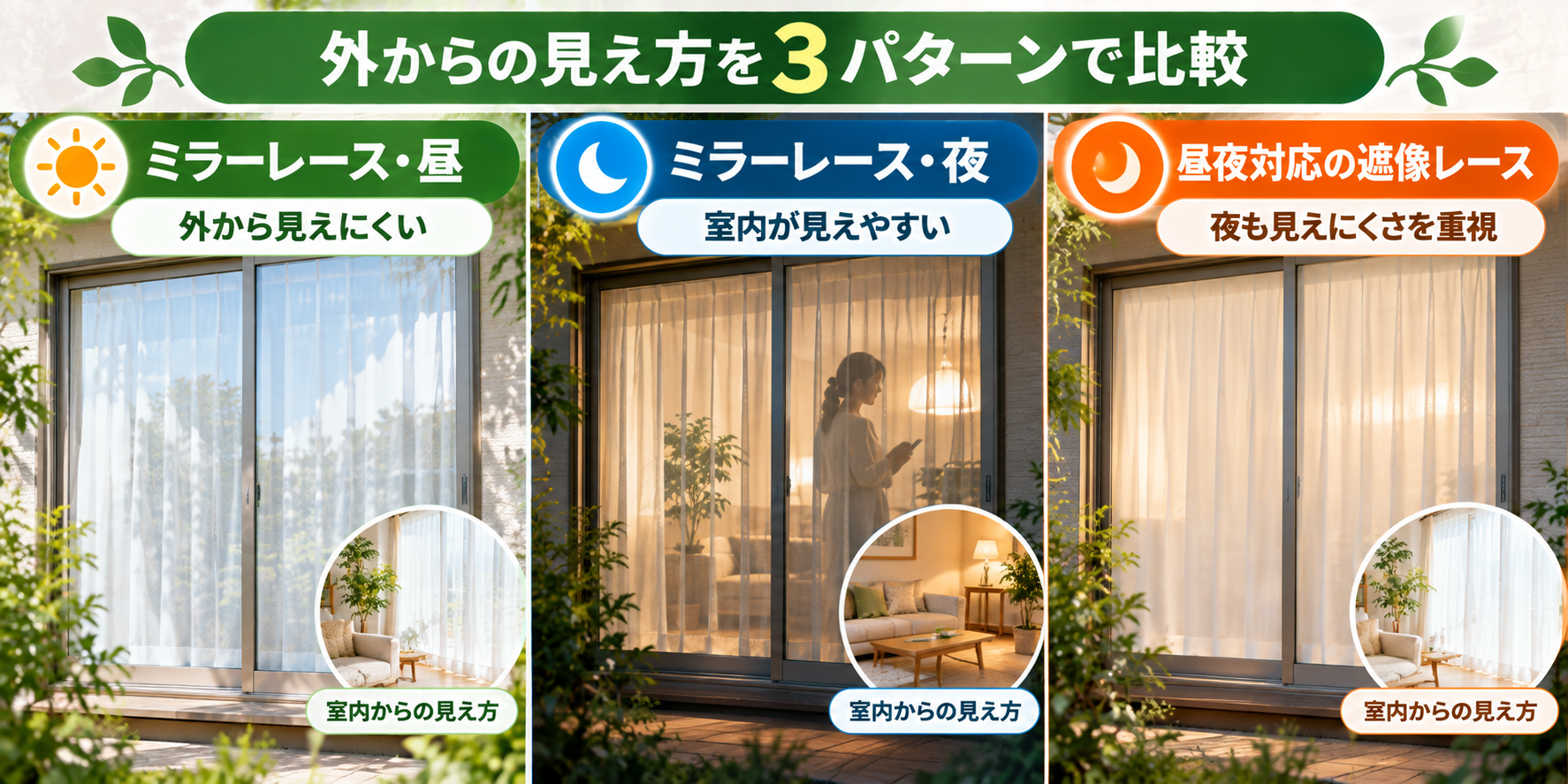 ミラーレースの日中と夜間、昼夜対応の遮像レースの見え方を比較する図