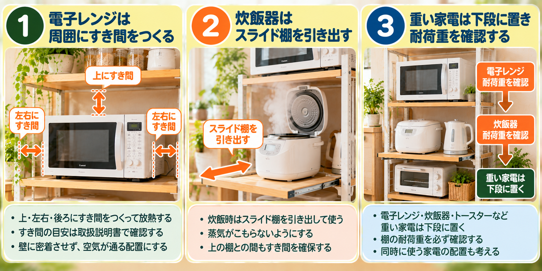 電子レンジの放熱と炊飯器の蒸気、スライド棚の使い方を横から見た図
