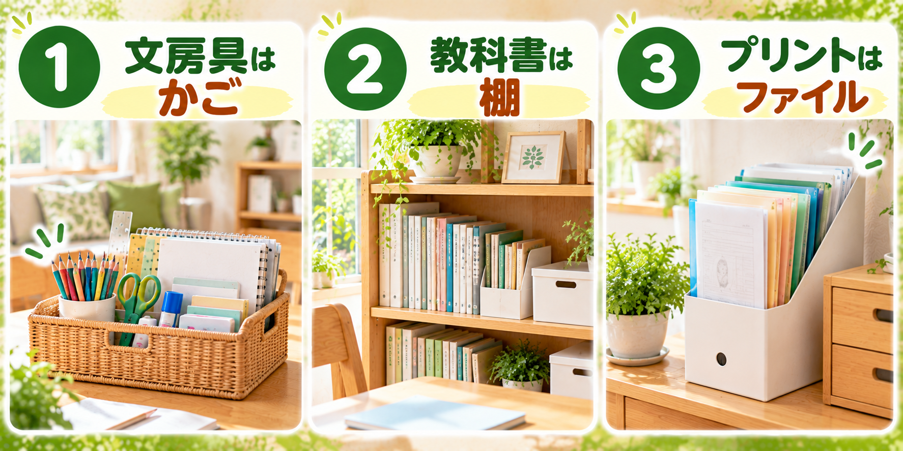 リビング学習で文房具と教科書を出しやすく片づけやすく収納する方法の図