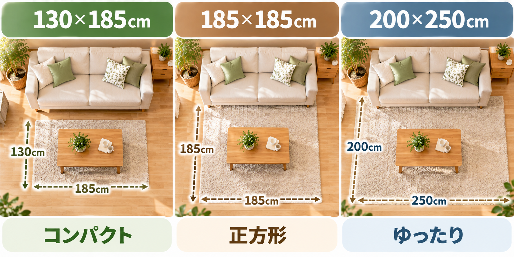 130×185cm・185×185cm・200×250cmのラグの大きさを同じ家具配置で比較した図