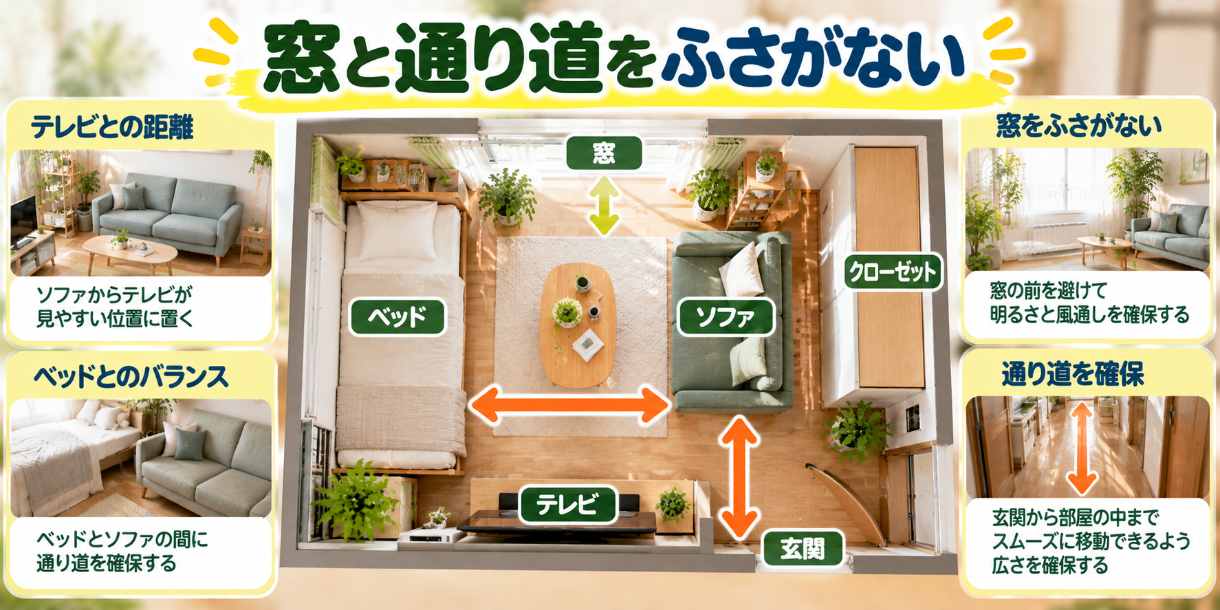 一人暮らしの部屋でベッド・テレビ・窓とソファの置き場所の関係を示した図