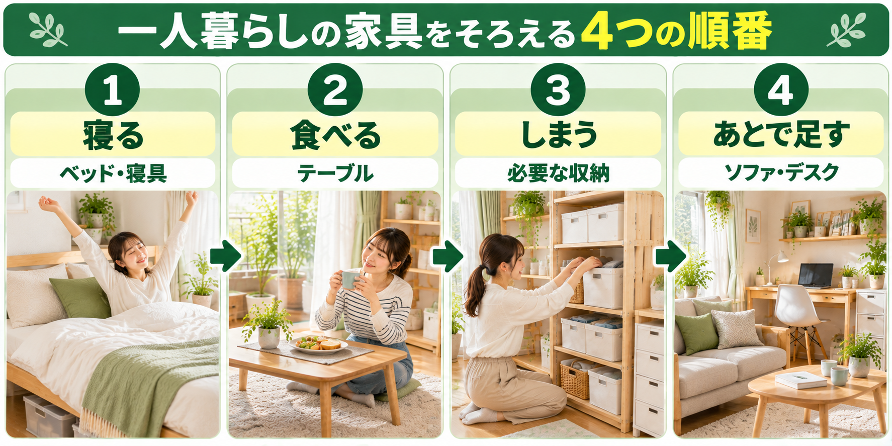 一人暮らしの家具をそろえる順番を示した図