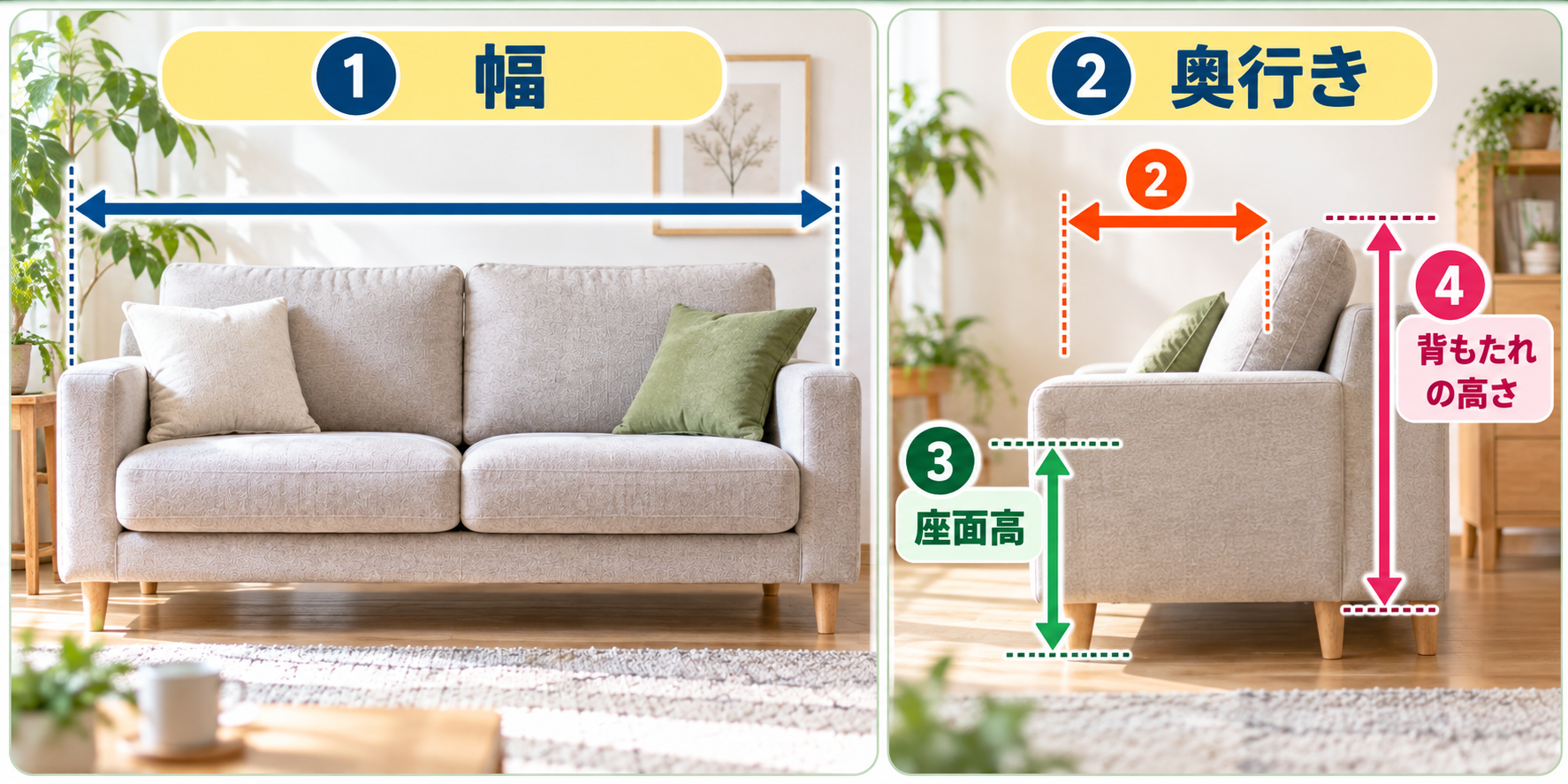 ソファの幅・奥行き・座面高・背もたれの高さを示した図