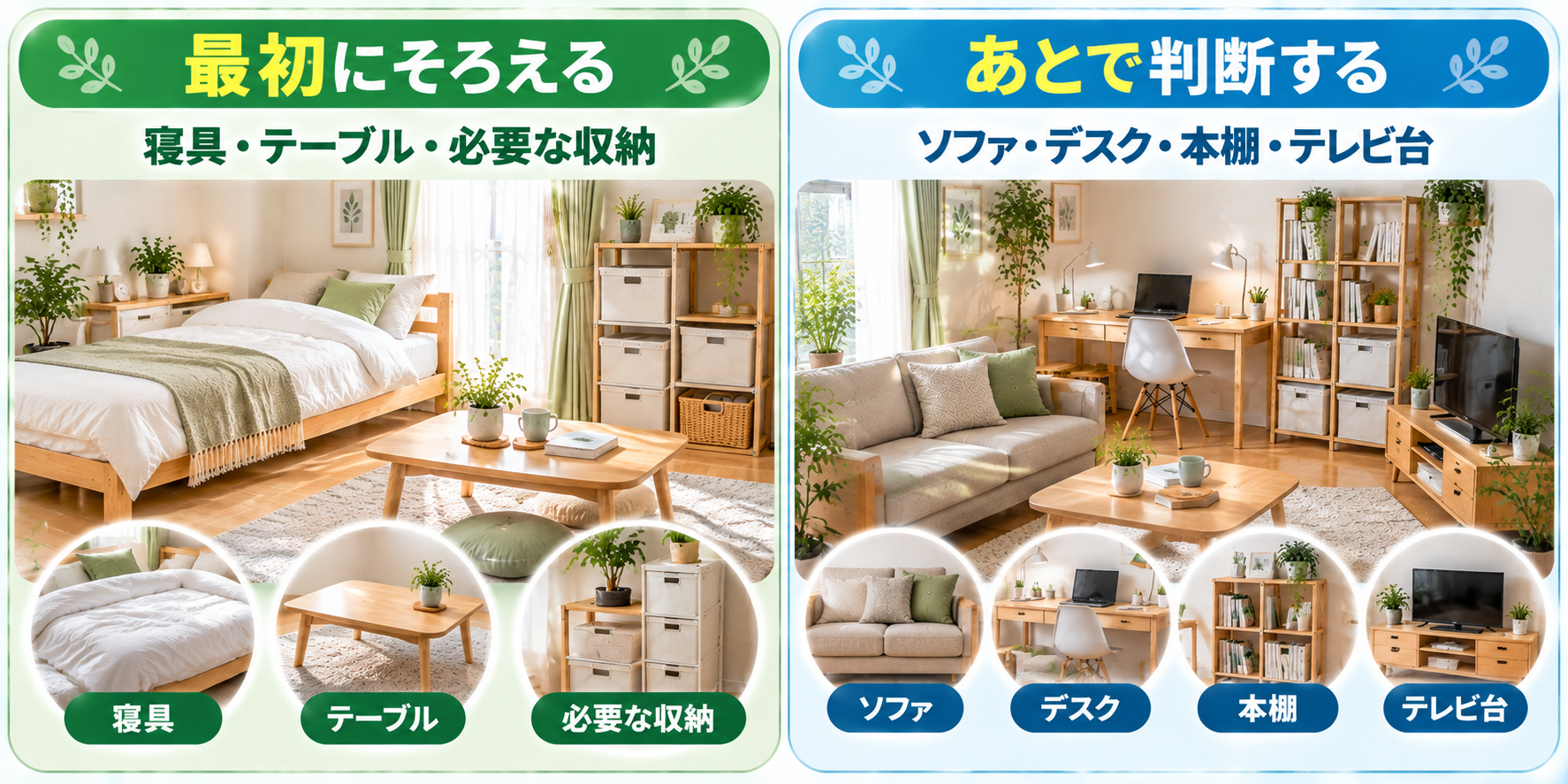 一人暮らしで最初にそろえる家具とあとでよい家具を分けた図