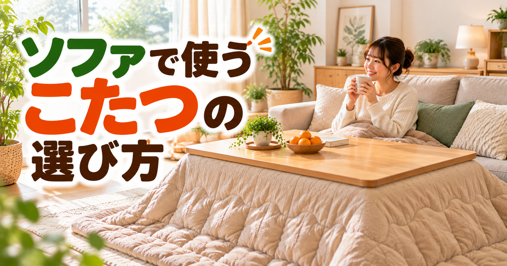 ソファに座って木製こたつを使う女性と明るいリビング