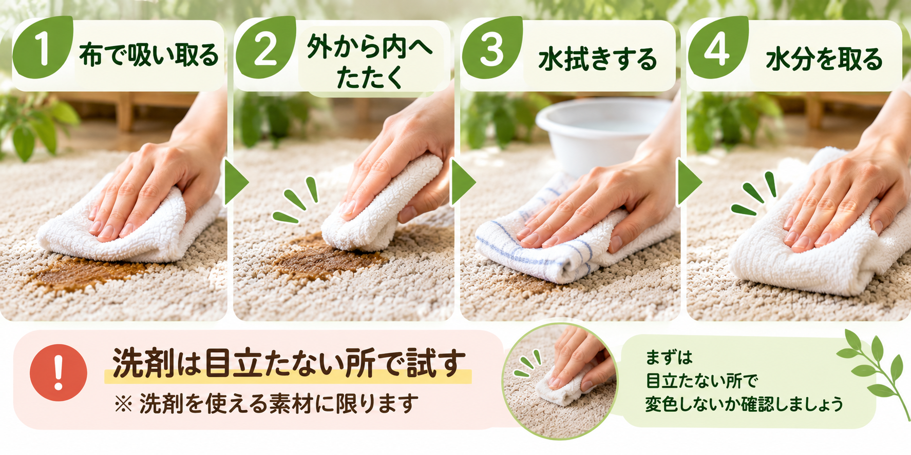 カーペットのシミを落とす4つの順番を示した図