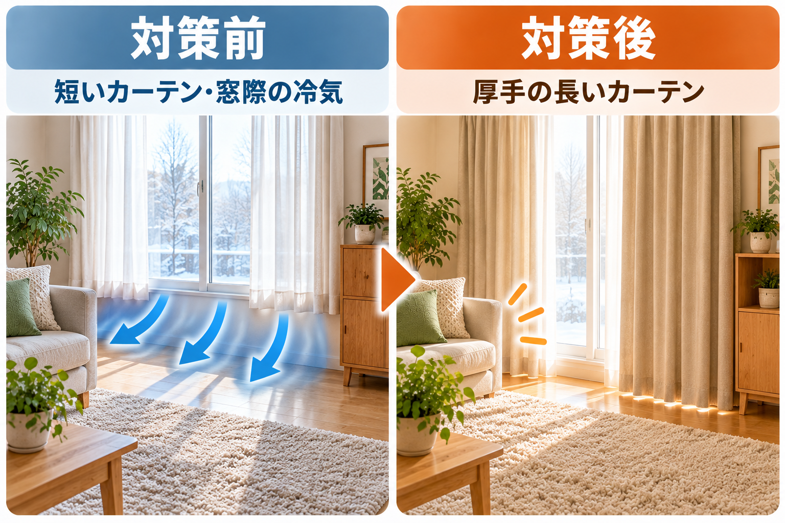 冬の窓に厚手のカーテンを掛けて窓際の冷気を抑える方法を示した図