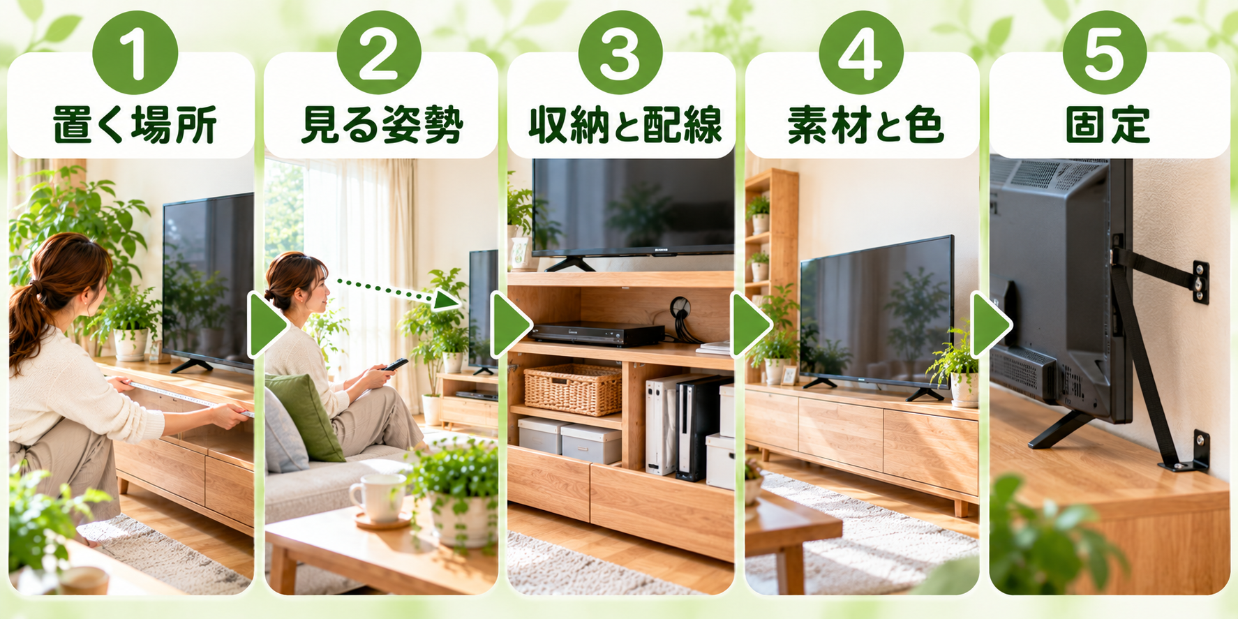 テレビ台を選ぶ5つの順番を示した図