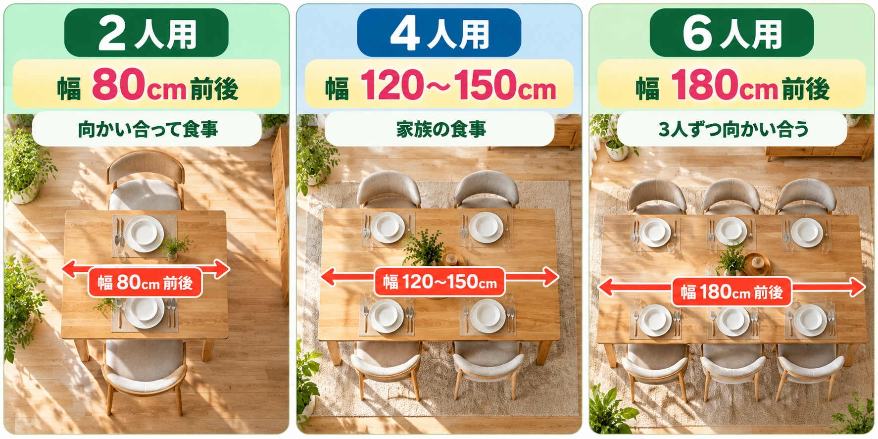 2人用・4人用・6人用ダイニングテーブルの幅の目安を比較した図