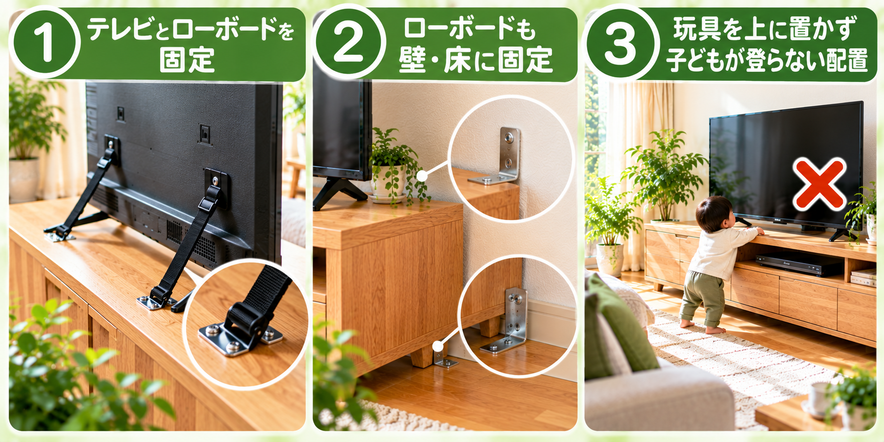 テレビとローボードを固定して転倒を防ぐ方法を示した図