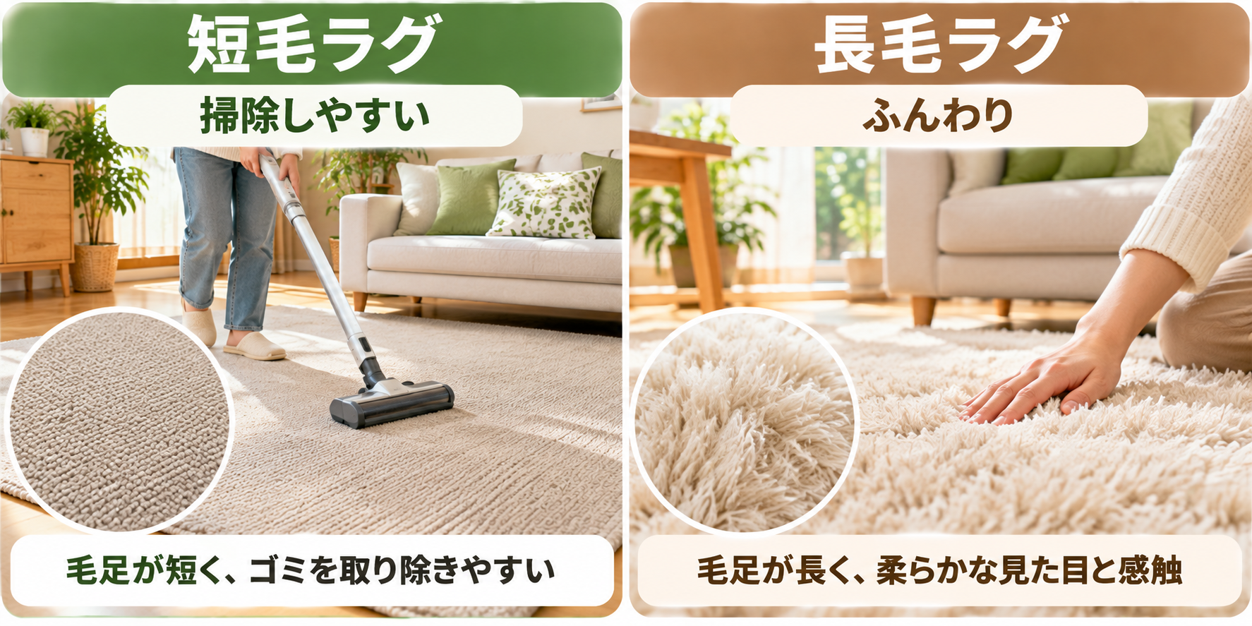 毛足の短いラグと長いラグの手触りや掃除のしやすさを比較した図