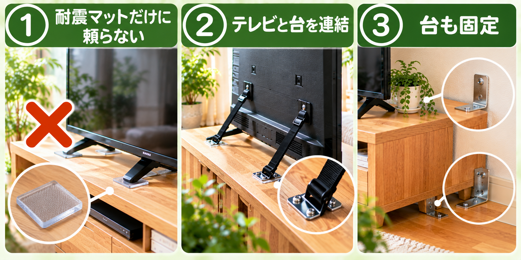 テレビが倒れないようにする固定の方法を示した図