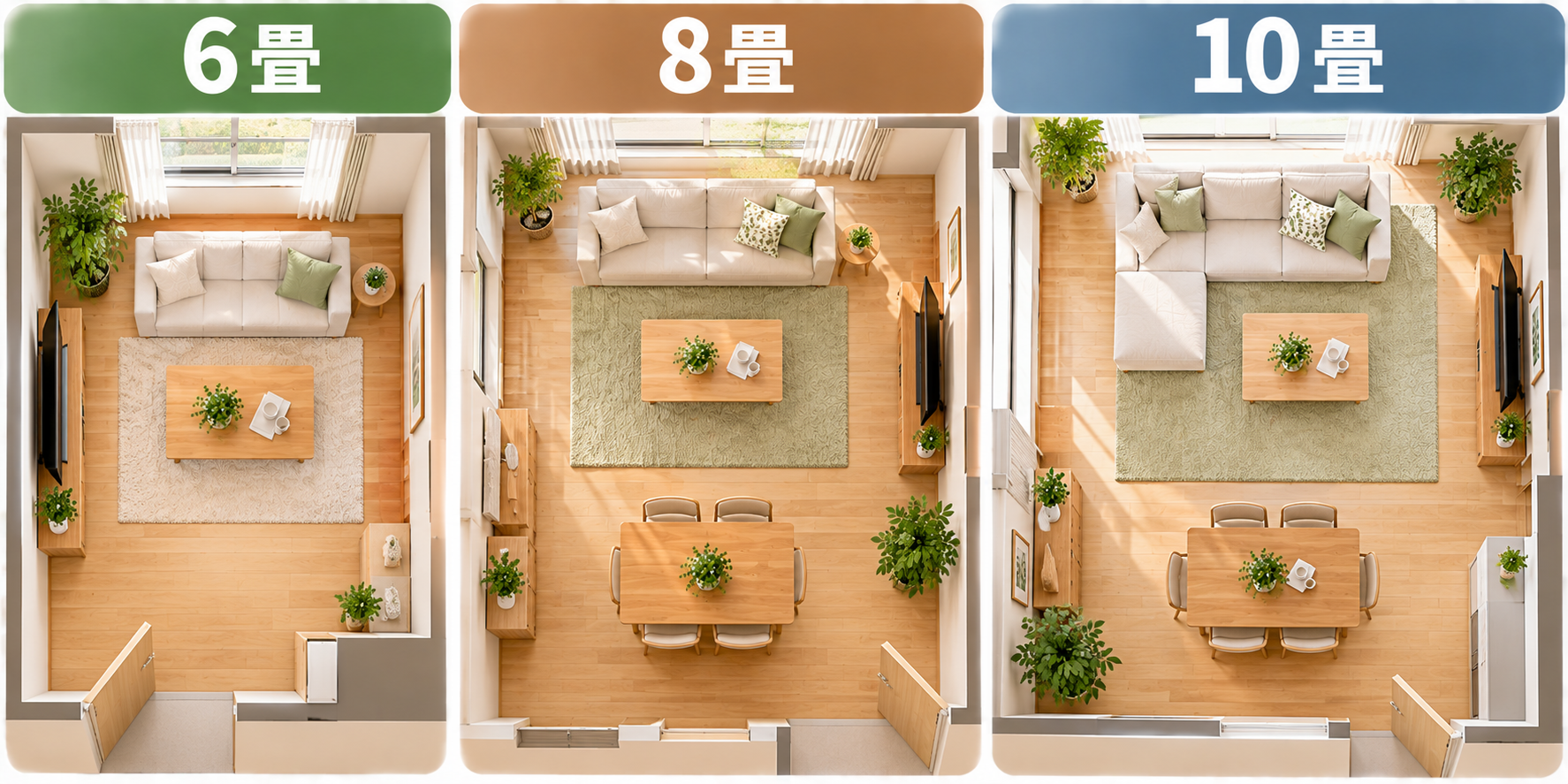 6畳・8畳・10畳の部屋にラグを敷いた場合のサイズ感を比較した間取り図