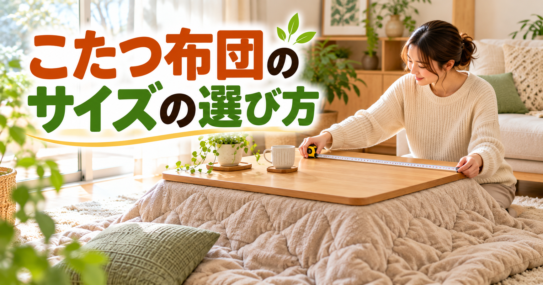 こたつの天板を測り掛け布団のサイズを選ぶ女性