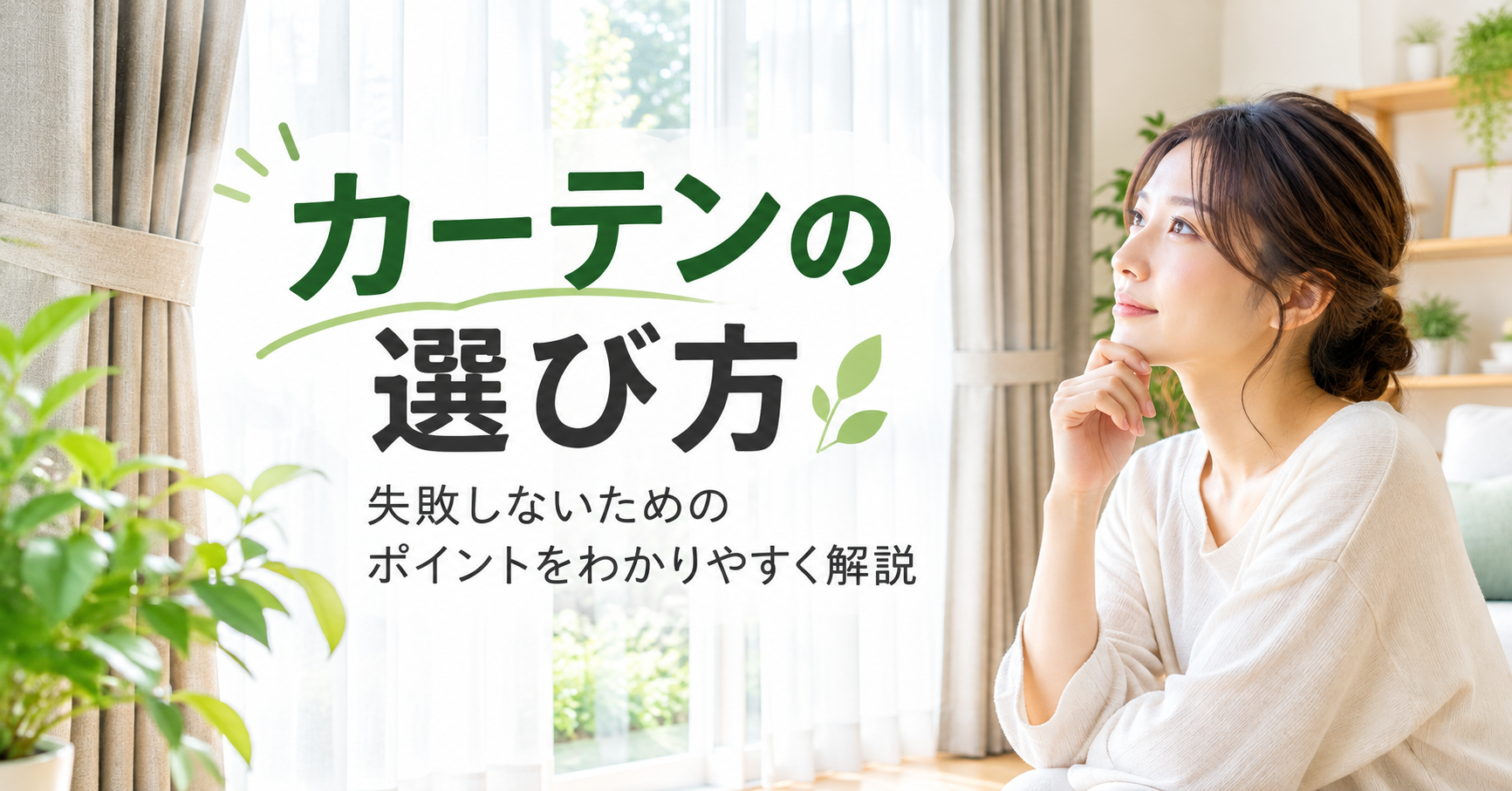 カーテンの選び方を考える女性と、明るいリビングに設置されたドレープカーテンとレースカーテン