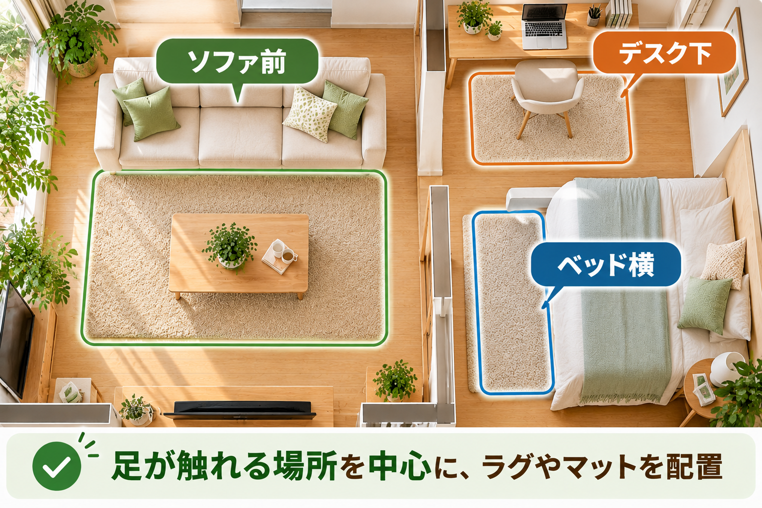 フローリングの足元にラグとマットを敷いて寒さを和らげる場所の比較図