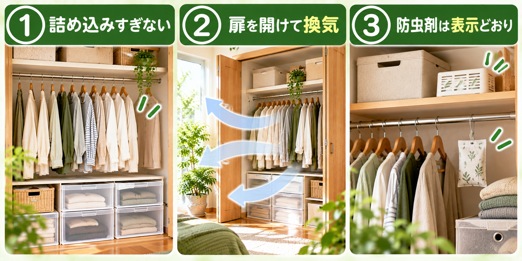 クローゼットの湿気と虫から服を守る方法を示した図