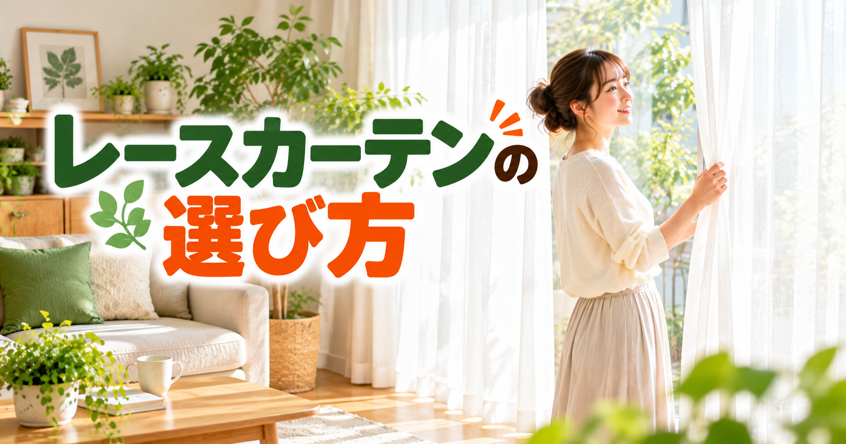 白いレースカーテンを窓辺で確認する女性と明るいリビング