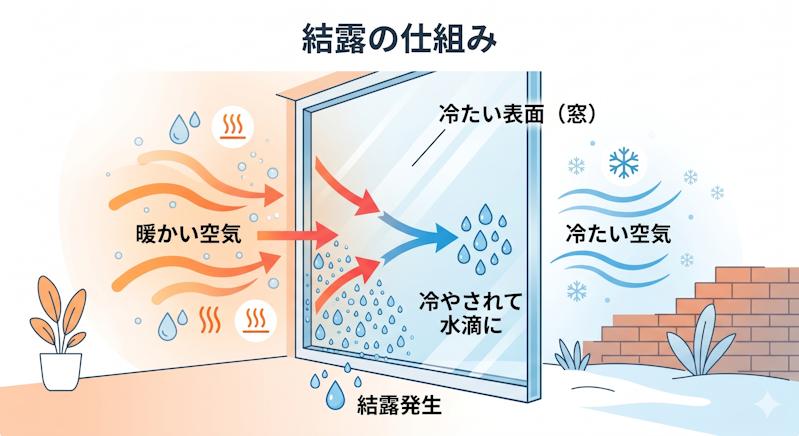 室温20℃で湿度と窓の表面温度によって結露が発生する条件の比較図