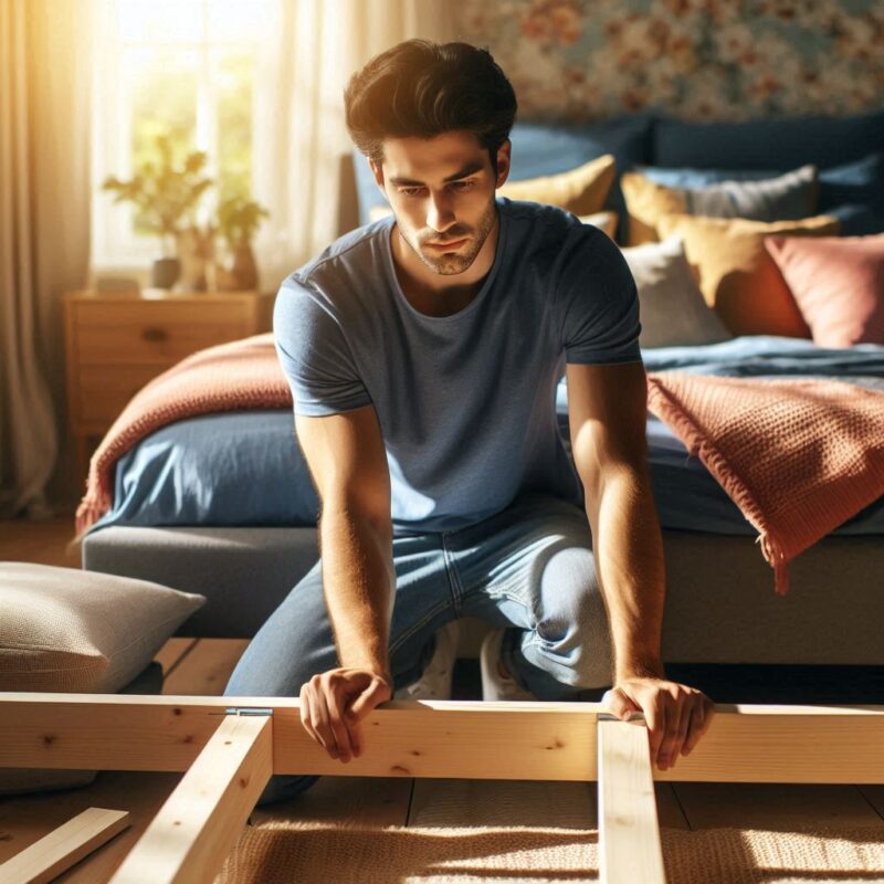 ベッドのネジの増し締めを男性がしている。