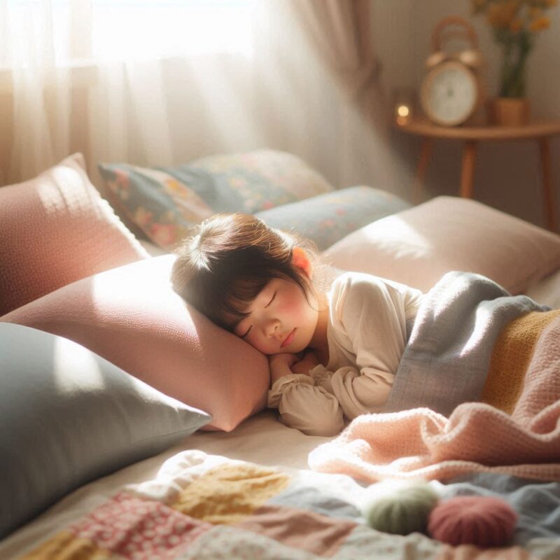 子供がベッドの上で寝ながらゴロゴロと転がっている
