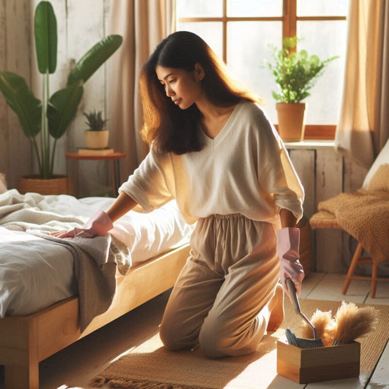 ローベッドを女性が掃除している