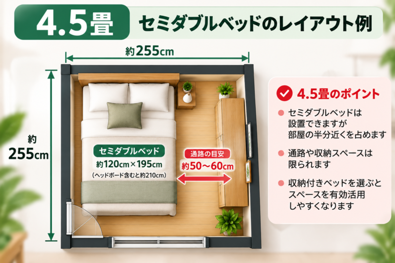 4.5畳にセミダブルベッドを置いたレイアウト