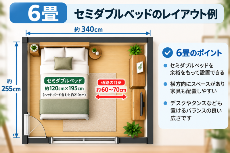 6畳にセミダブルベッドを置いたレイアウト