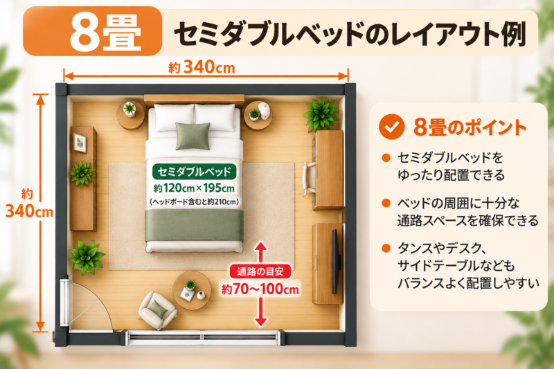 8畳にセミダブルベッドを置いたレイアウト