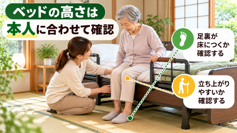 介護ベッドの高さを本人に合わせて確認する様子