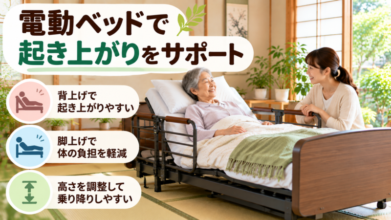 畳の部屋で電動ベッドの背上げ機能を使う様子