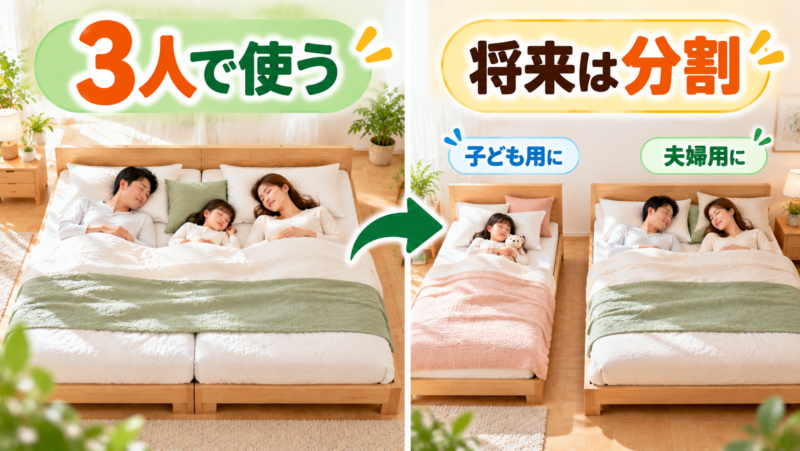 3人家族向け連結ベッドを将来分割して使うイメージ