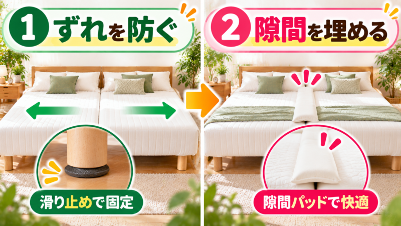 脚付きマットレス2台のずれと隙間を対策する方法