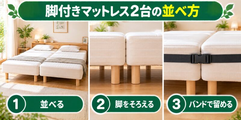 脚付きマットレス2台の並べ方（並べる・脚をそろえる・バンドで留める）