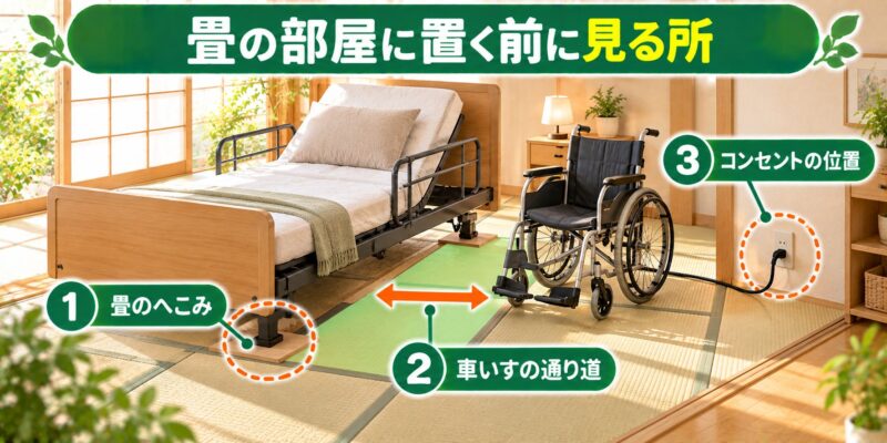 畳の部屋に置く前に見る所（畳のへこみ・車いすの通り道・コンセントの位置）